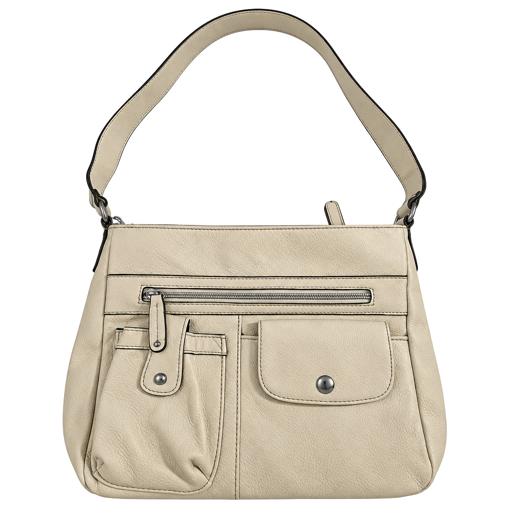 Cream Genuine Leather Cargo Bucket Shoulder Bag Multi Pocket Purse 1