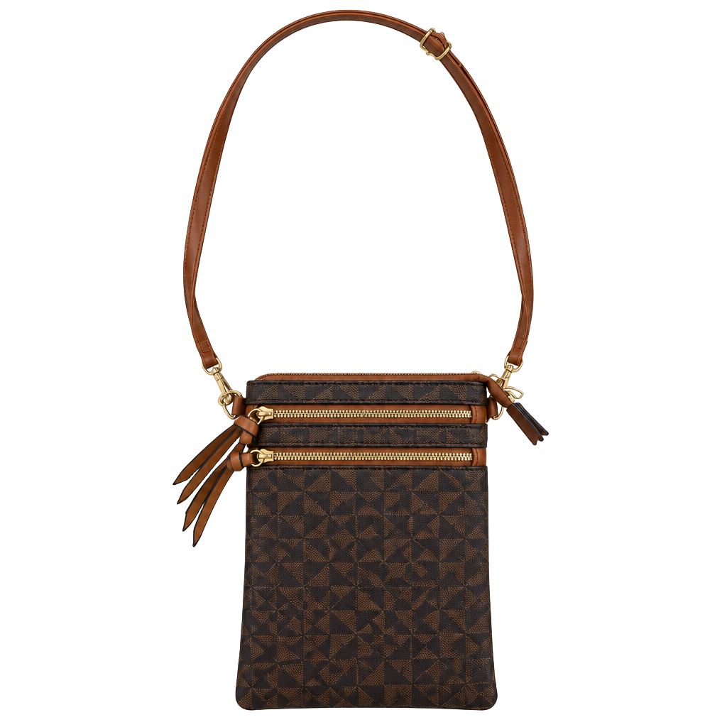 Brown Geometric Print Crossbody Bag Multi Zipper Travel Purse 1