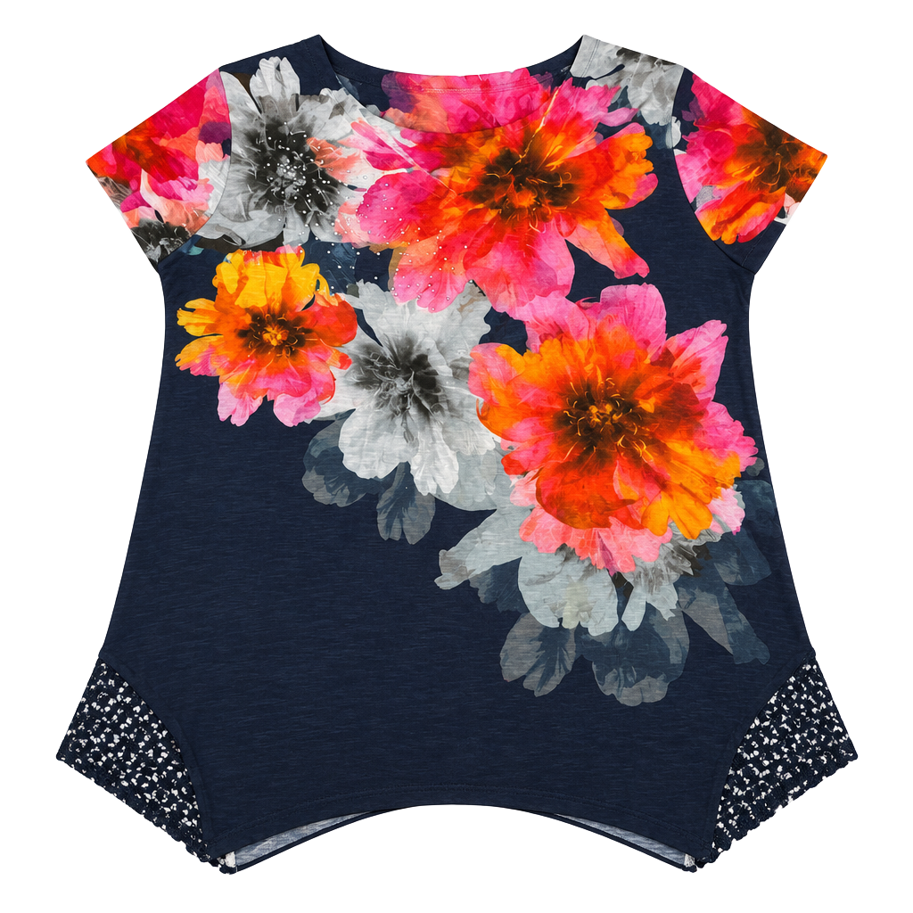 Time and Tru Navy Floral Crochet Sleeve Boat Neck Top L 12-14 1