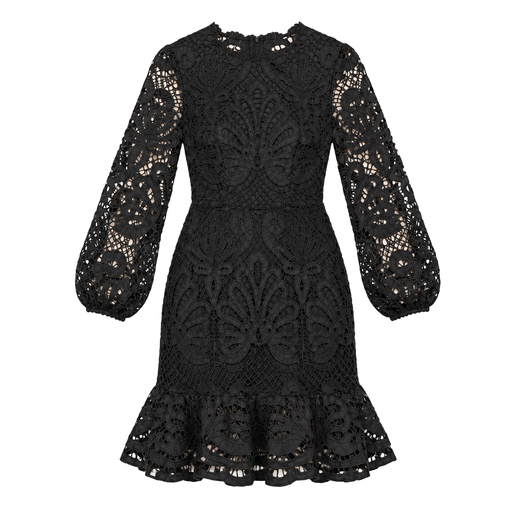 Black Crochet Lace Long Sleeve Ruffle Hem Cocktail Wedding Guest Dress Size 4 1