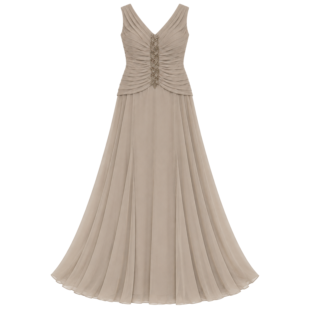 Taupe Chiffon Beaded Ruched V-Neck Formal Evening Gown Size 14 1