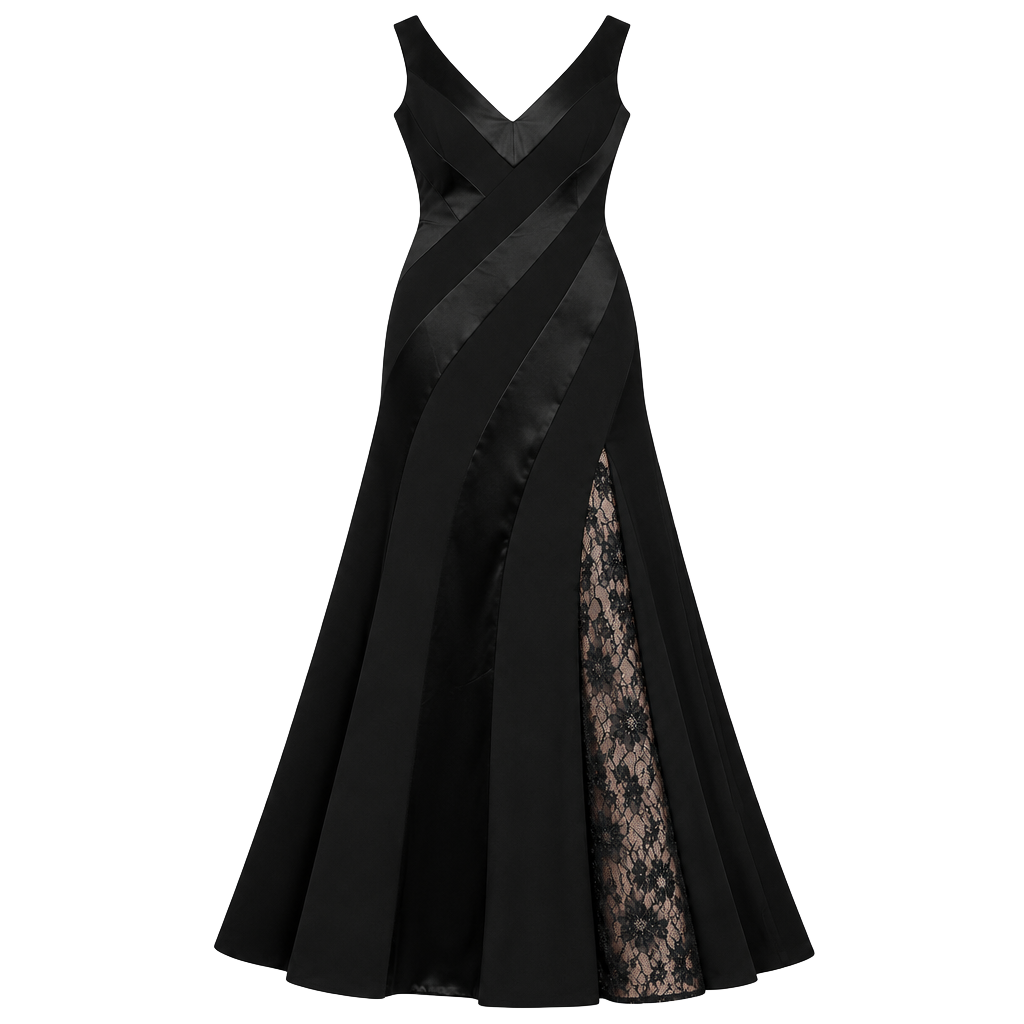 Black Satin Lace Inset V-Neck Plus Size Formal Evening Gown Size 10 1
