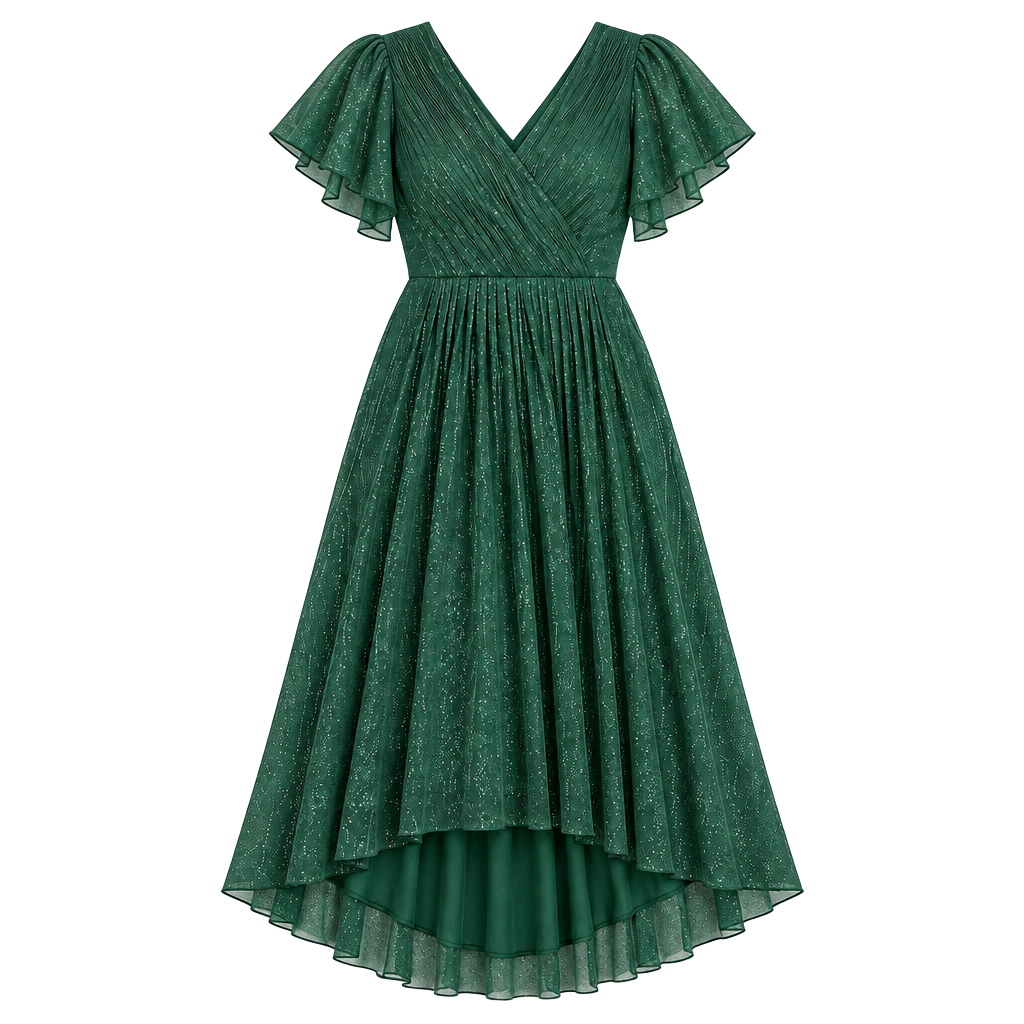 Ever Pretty Green Glitter Pleated V-Neck Ruffle Sleeve Midi Dress 1
