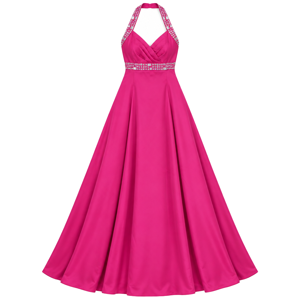 Fuchsia Pink Rhinestone Halter Formal Prom Evening Gown 1