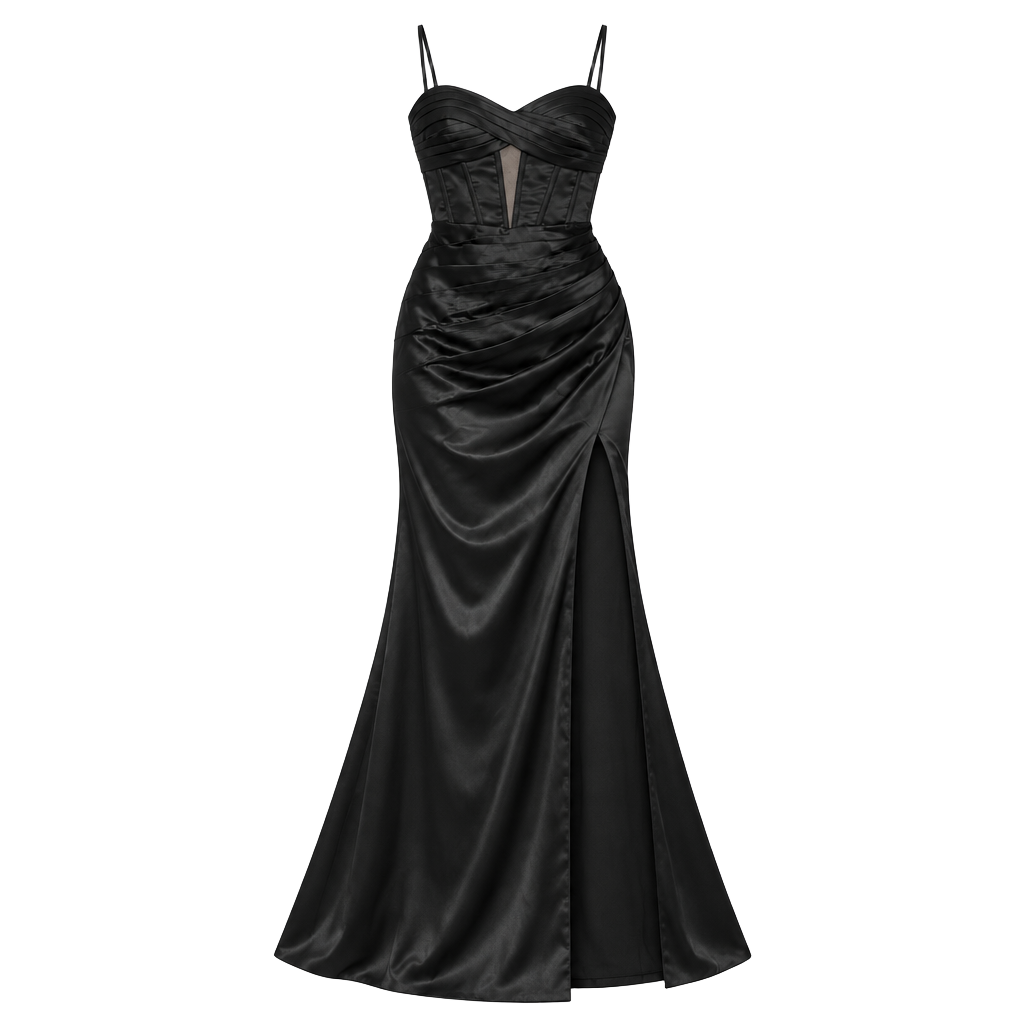 Black Satin Corset Ruched High Slit Formal Prom Evening Gown 1