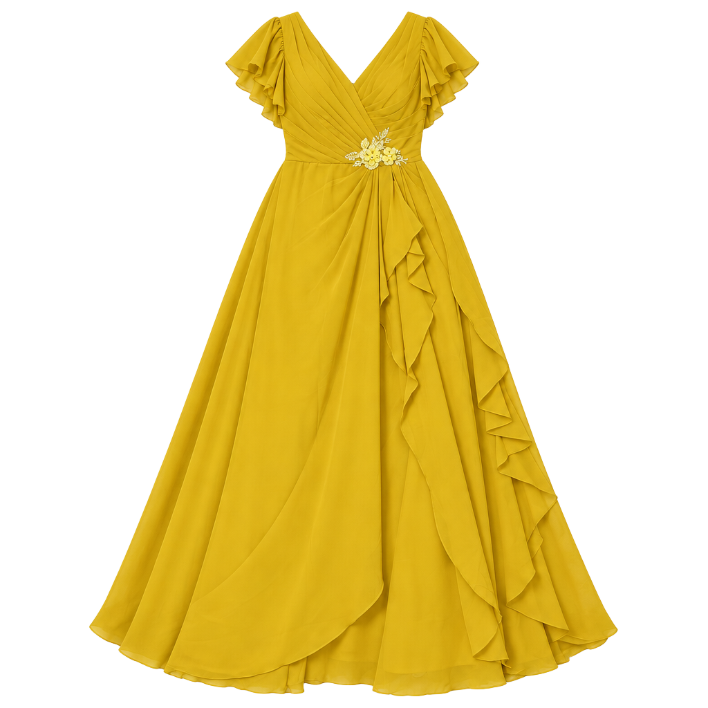 Mustard Yellow Chiffon Ruffle V-Neck Plus Size Formal Evening Gown Size 16 1