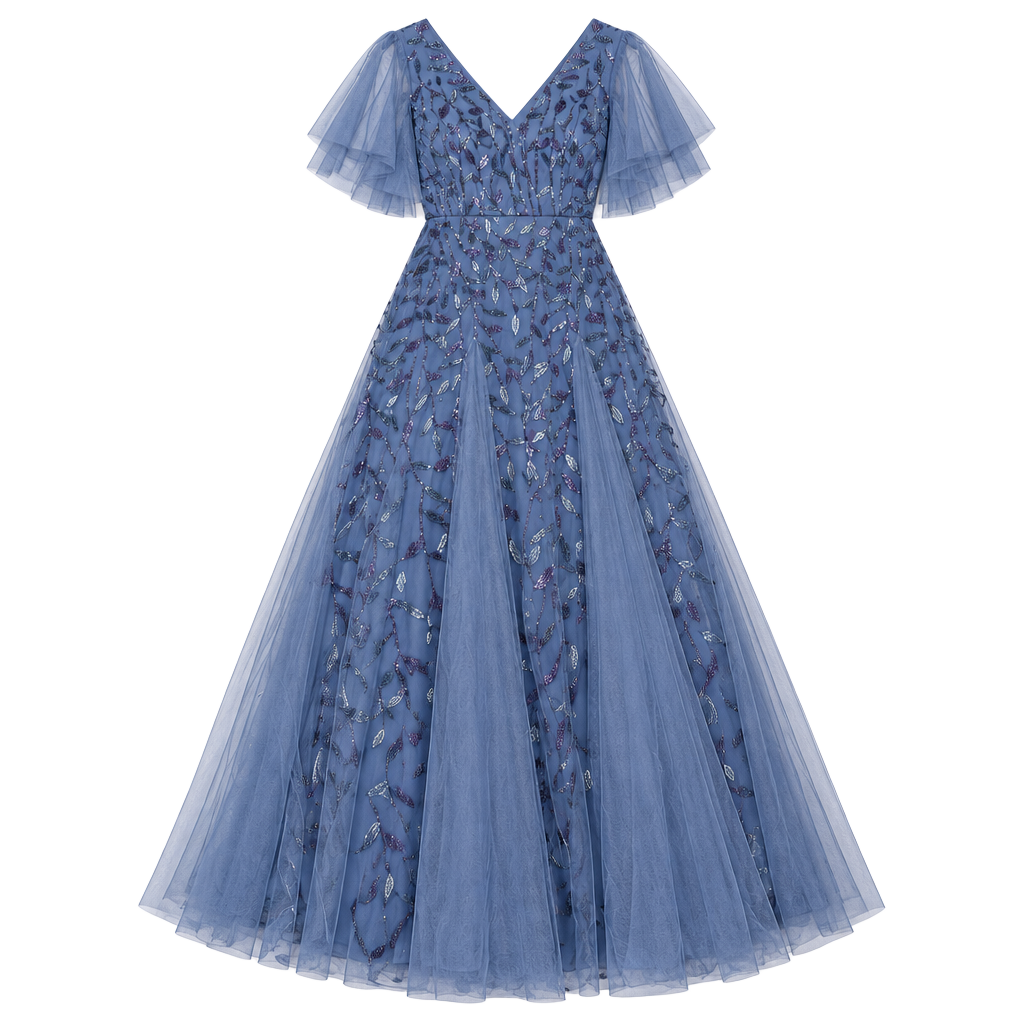 Dusty Blue Sequin Tulle Flutter Sleeve Formal Evening Gown 1