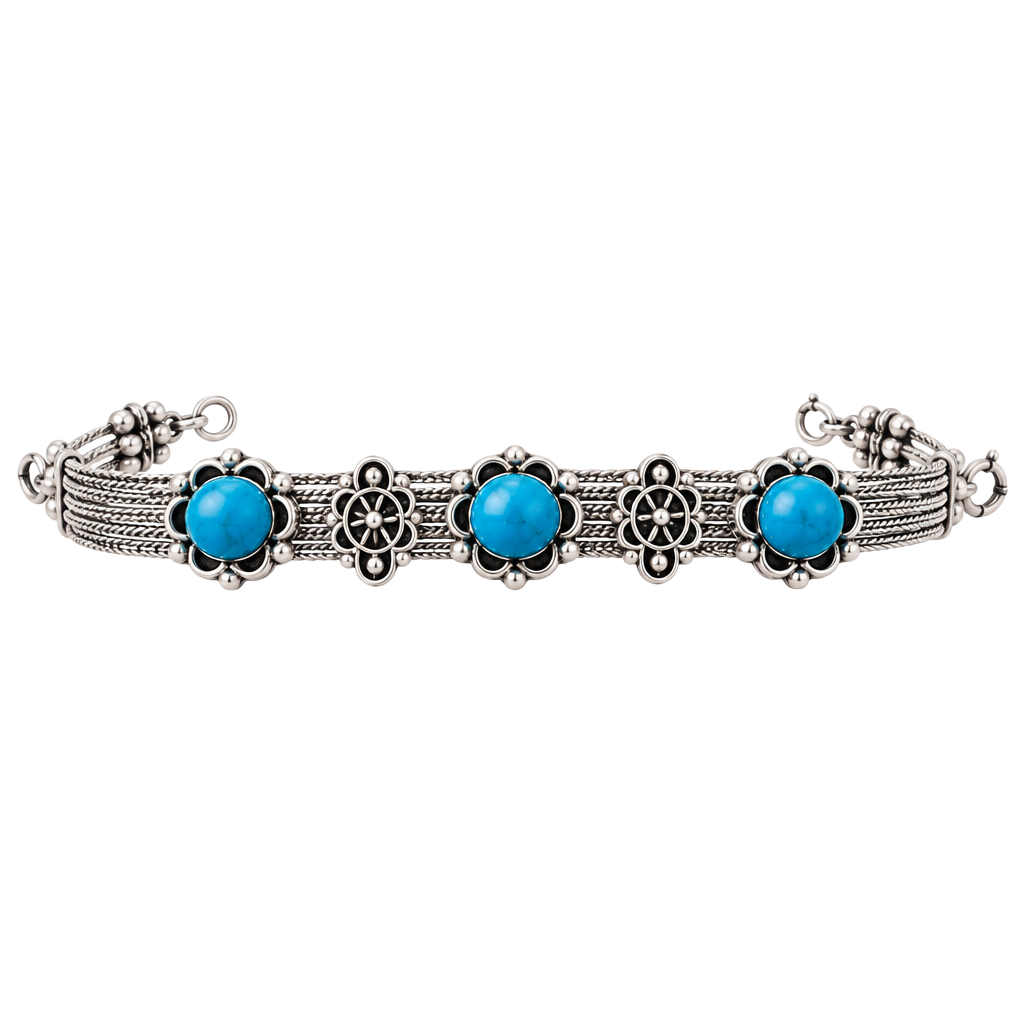 Vintage Sterling Silver 925 Turquoise Floral Multi-Stone Bracelet Signed 7" 1