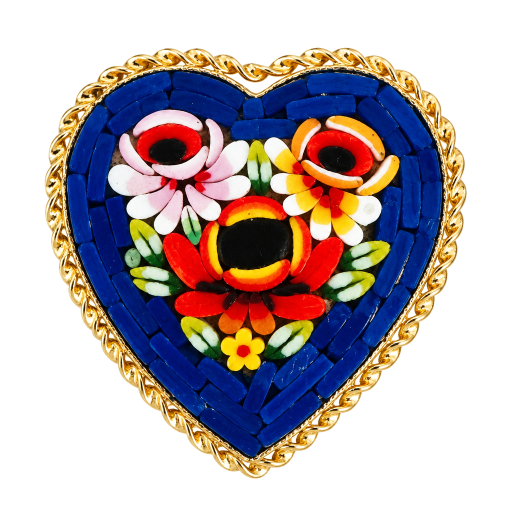 Vintage Italian Micro Mosaic Heart Brooch Floral Gold Tone Pin Made in Italy 1