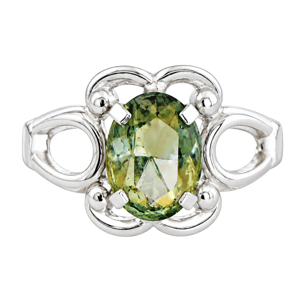 Vintage Rhodium Electroplate Ring Smoky Stone Pierced Shoulders Size 6.5 1
