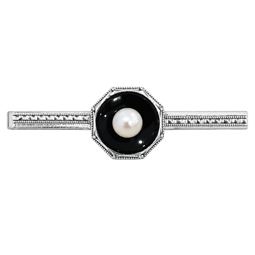 Art Deco Sterling Silver Bar Pin Black Stone Pearl Octagonal Milgrain 5cm 1