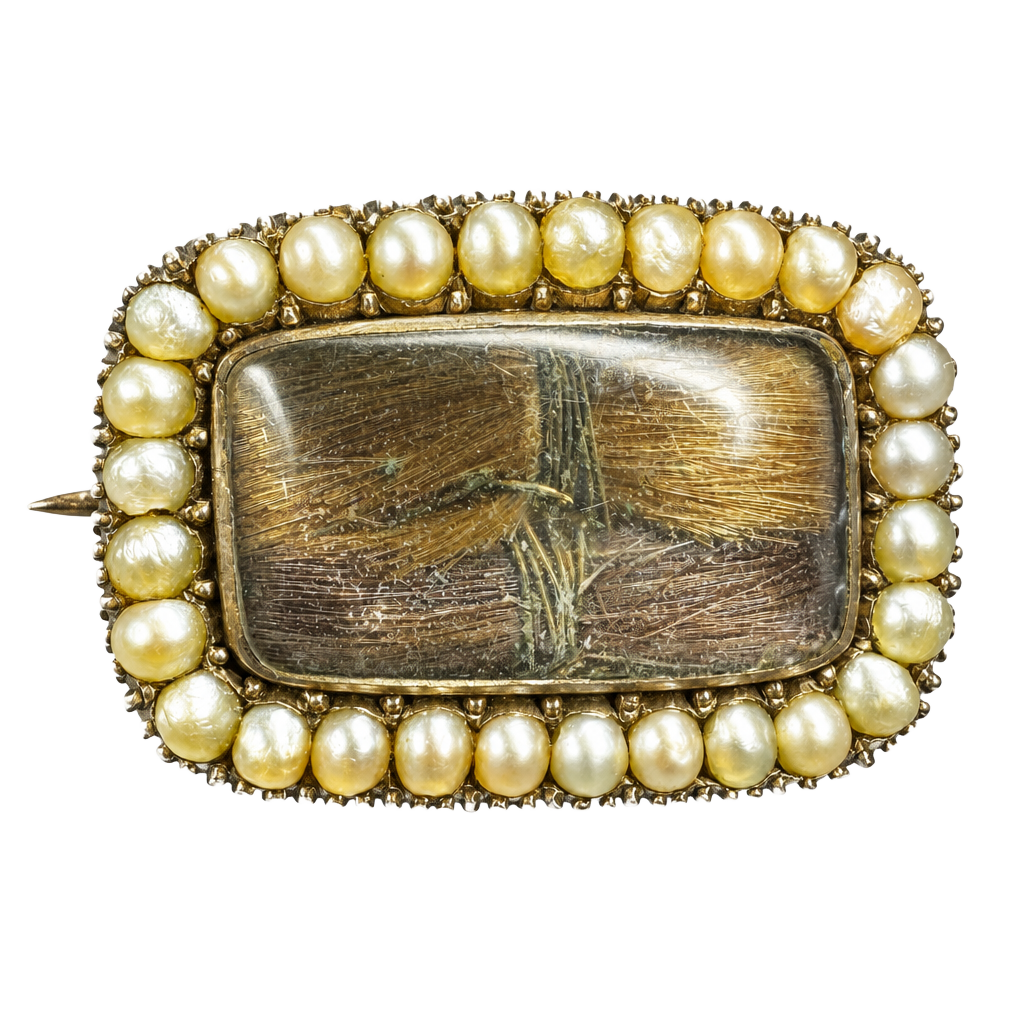 Antique 9K Gold Victorian Engraved Mourning Brooch Hairwork Seed Pearl 1