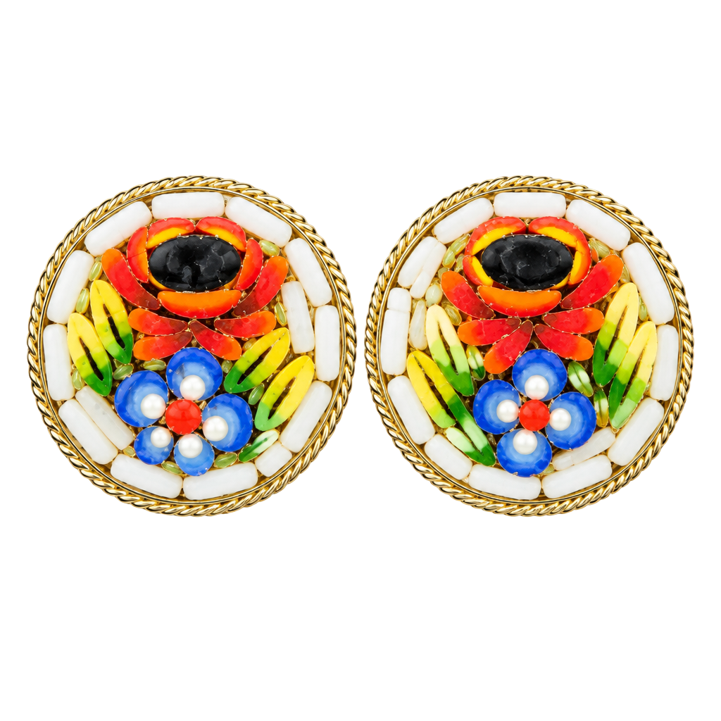 Vintage Italian Micromosaic Floral Clip Earrings Round Poppy Flower Italy Grand 1