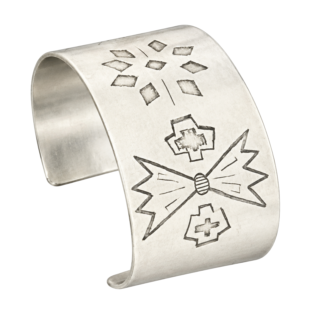 Native American Sterling Silver Wide Cuff Bracelet Hand Stamped Vintage Navajo 1
