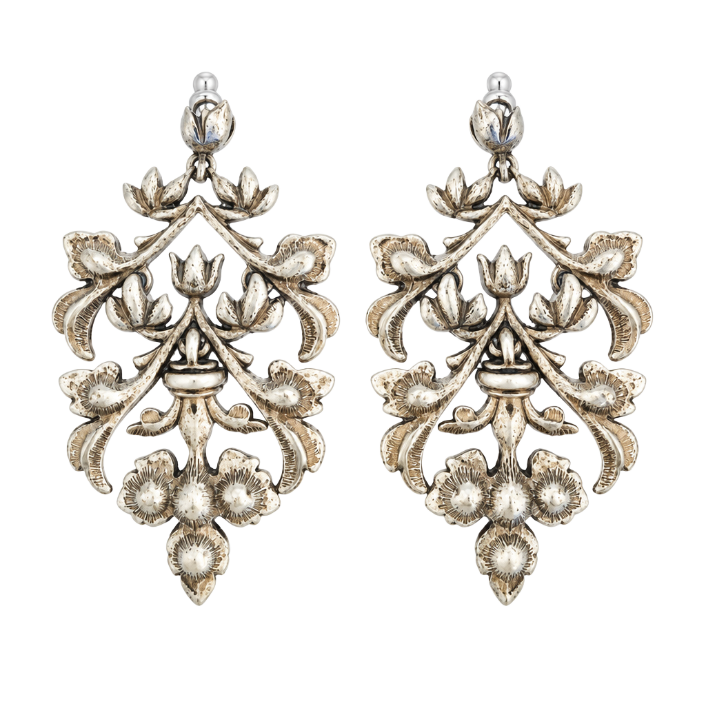 Art Nouveau Sterling Silver Chandelier Dangle Earrings 2.5” Floral 23.7g 1