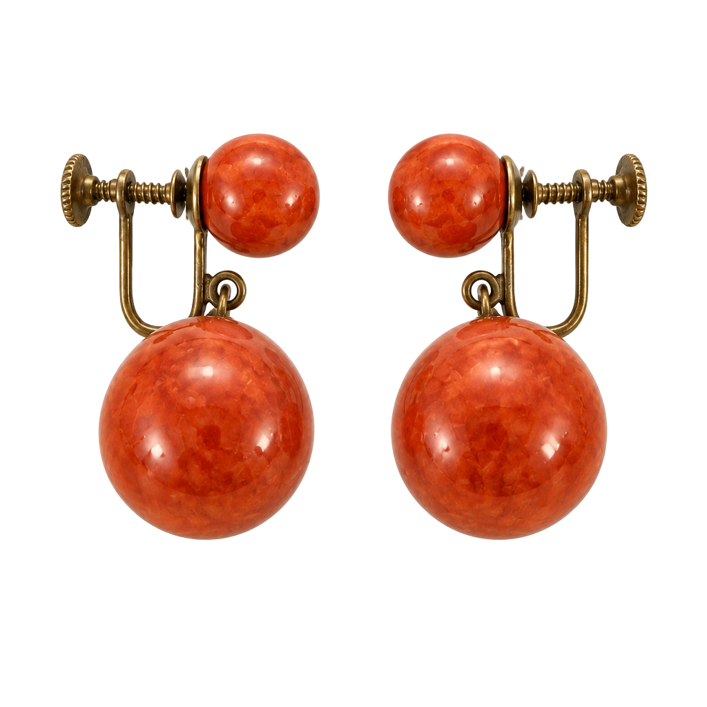 Vintage Red Bakelite Double Ball Dangle Earrings Screw Back Cherry Tested 1940s 1