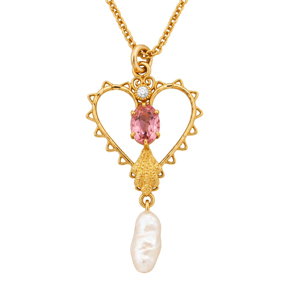 Antique Art Nouveau 12K GF Heart Lavalier Necklace Pink Stone Natural Pearl 1