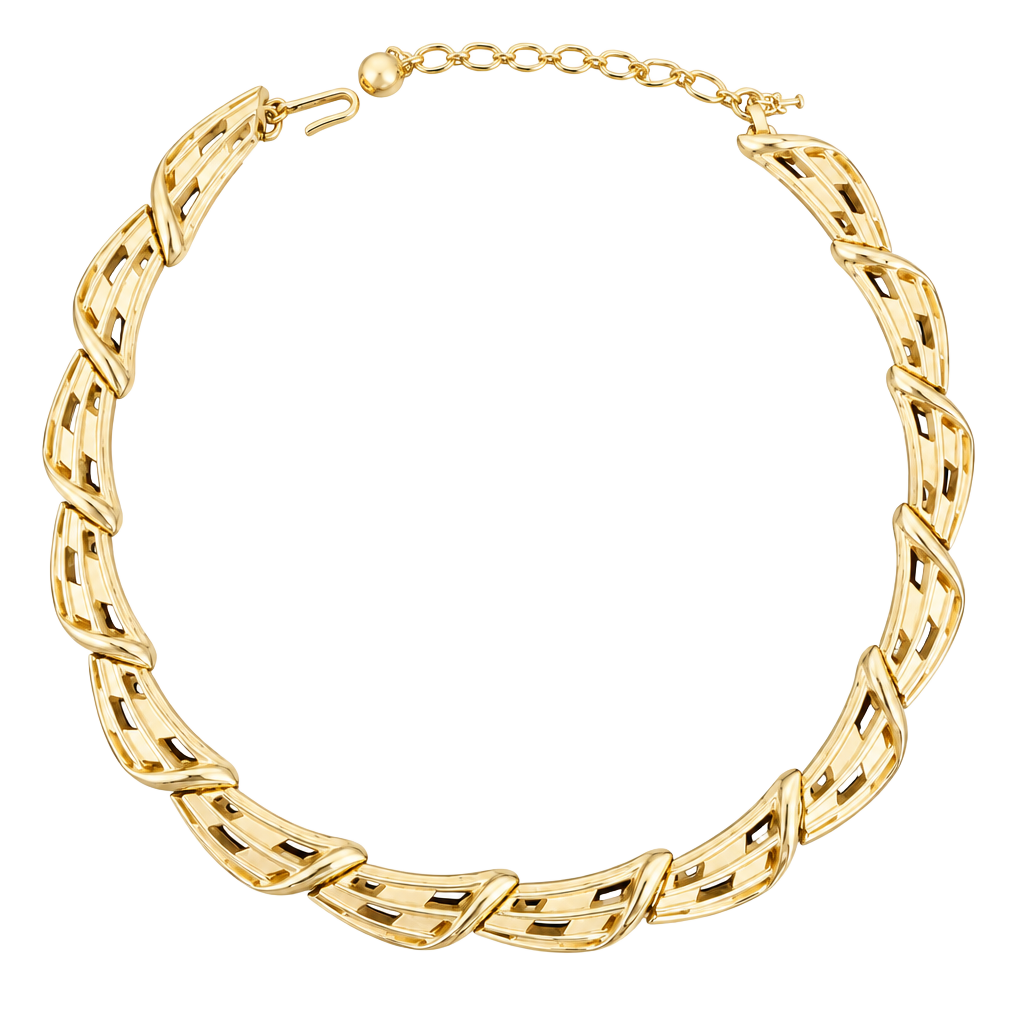 Trifari Signed Choker Necklace Gold Tone Openwork Basketweave Links Vintage 1