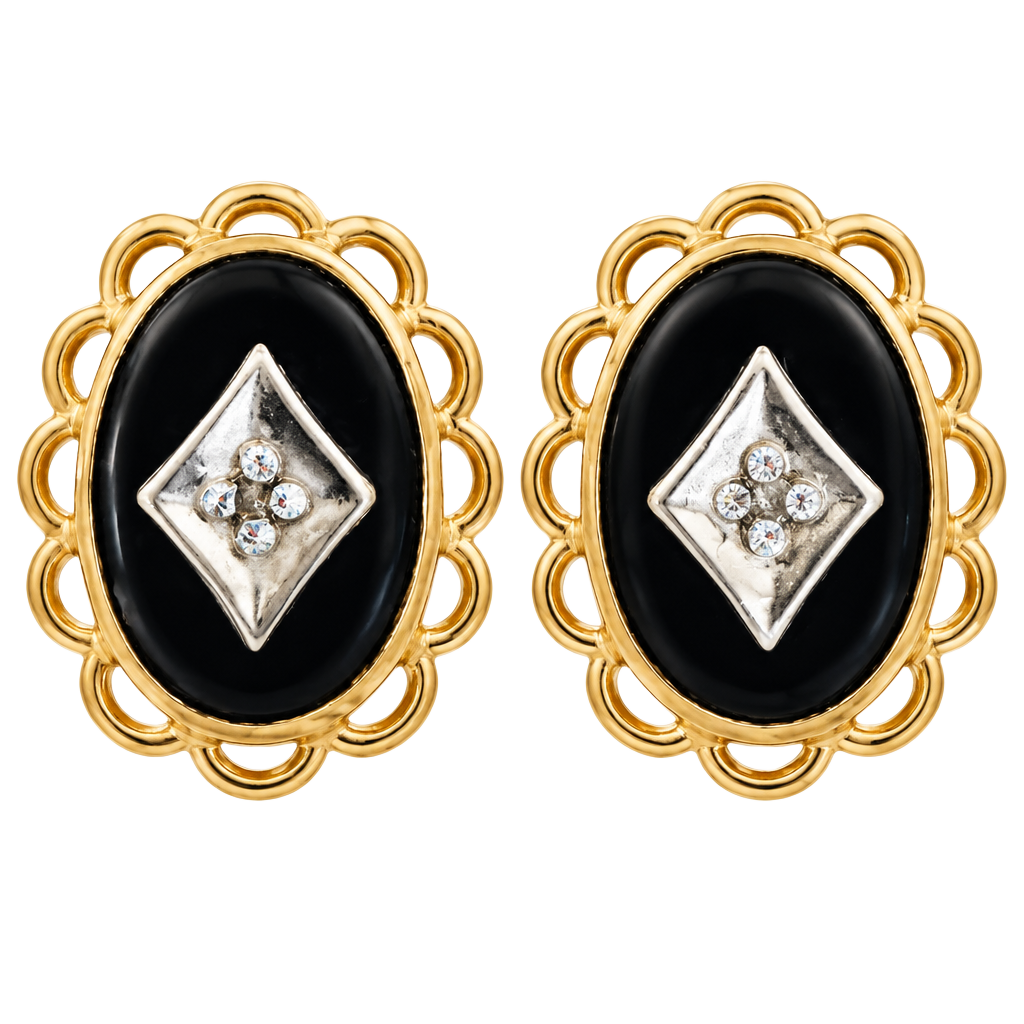 Vintage 14K Yellow Gold Black Onyx & Diamond Stud Earrings Scallop Frame 1