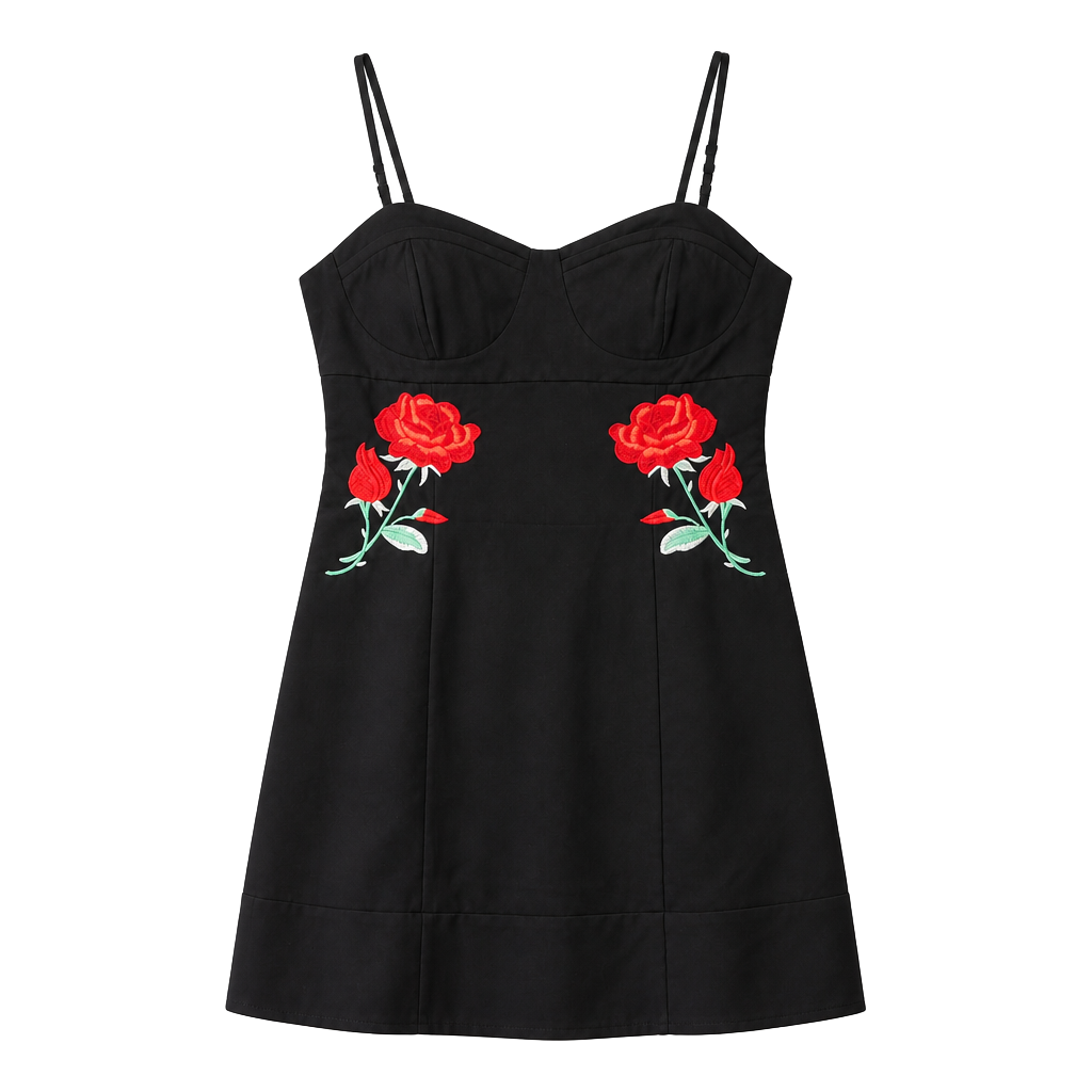 B. Smart Black Sweetheart Neckline Cocktail Dress with Red Rose Embroidery 1