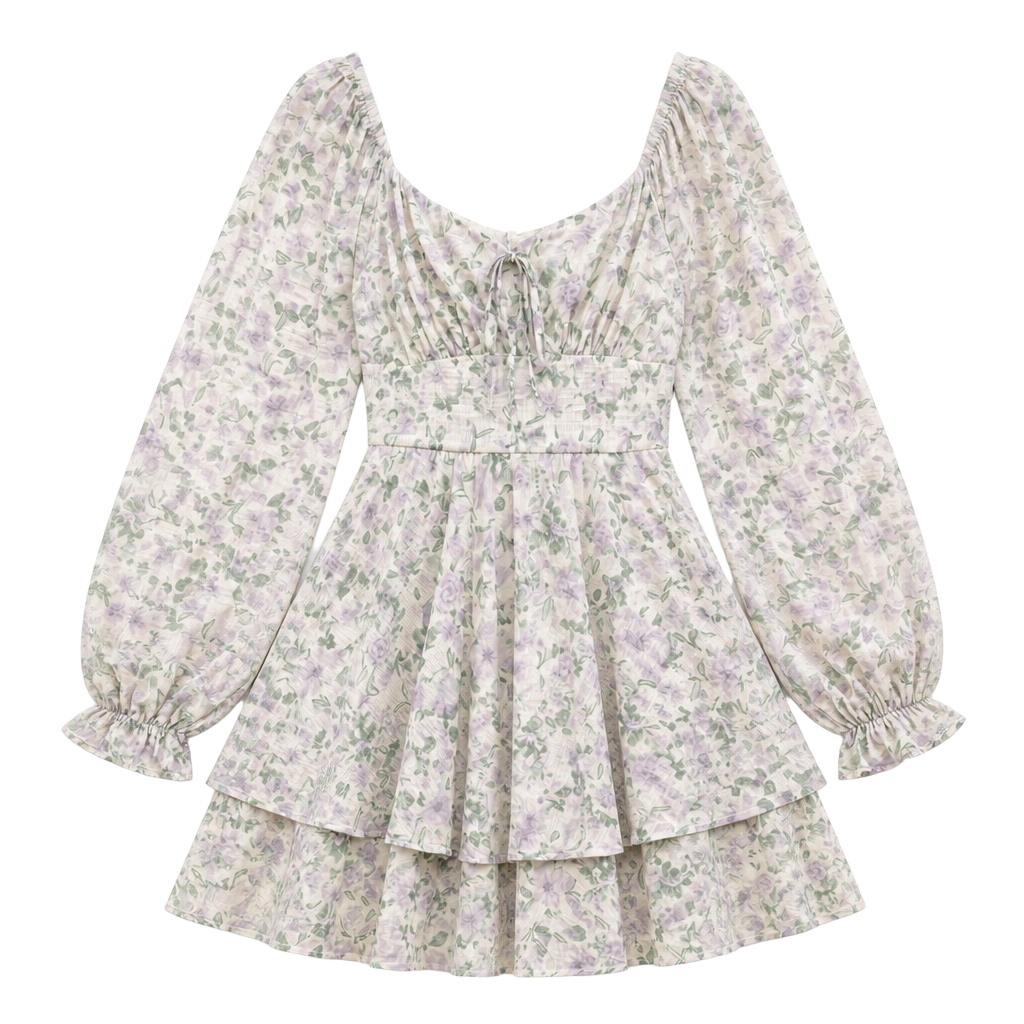 Crystal Doll Juniors Long-Sleeve Tiered Floral Mini Dress in Lavender and Green 1