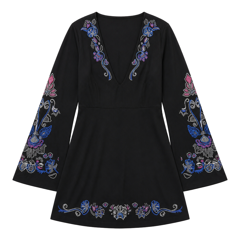 NWT Free People Holiday Folk Embroidered Long Bell Sleeve Mini Dress Black 1