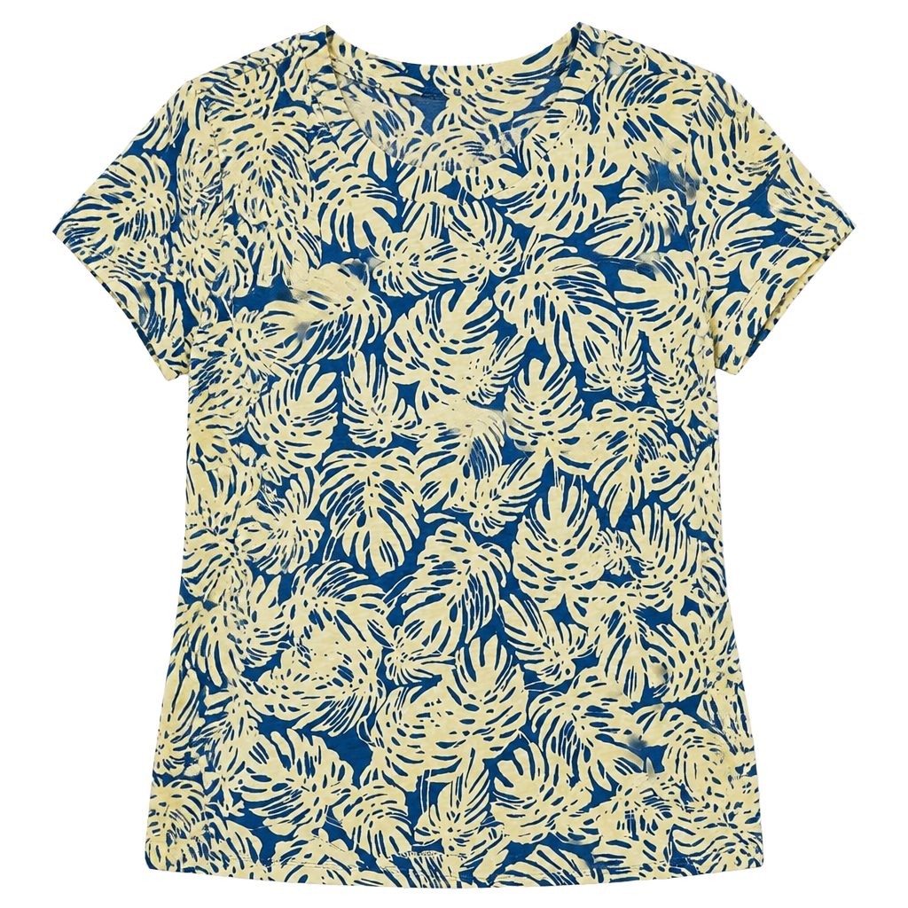 Liz Claiborne Yellow and Blue Monstera Leaf Print V-Neck Short Sleeve Tee 1