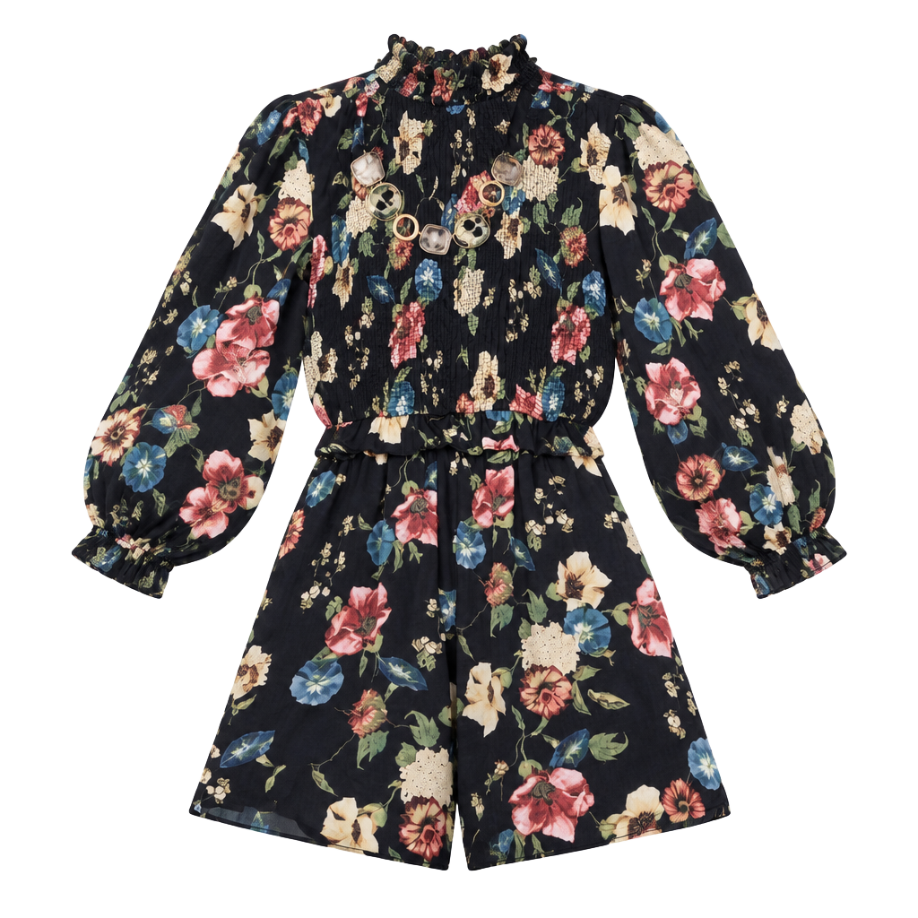 ZARA Floral Print Smocked High Neck Mini Jumpsuit Romper 1