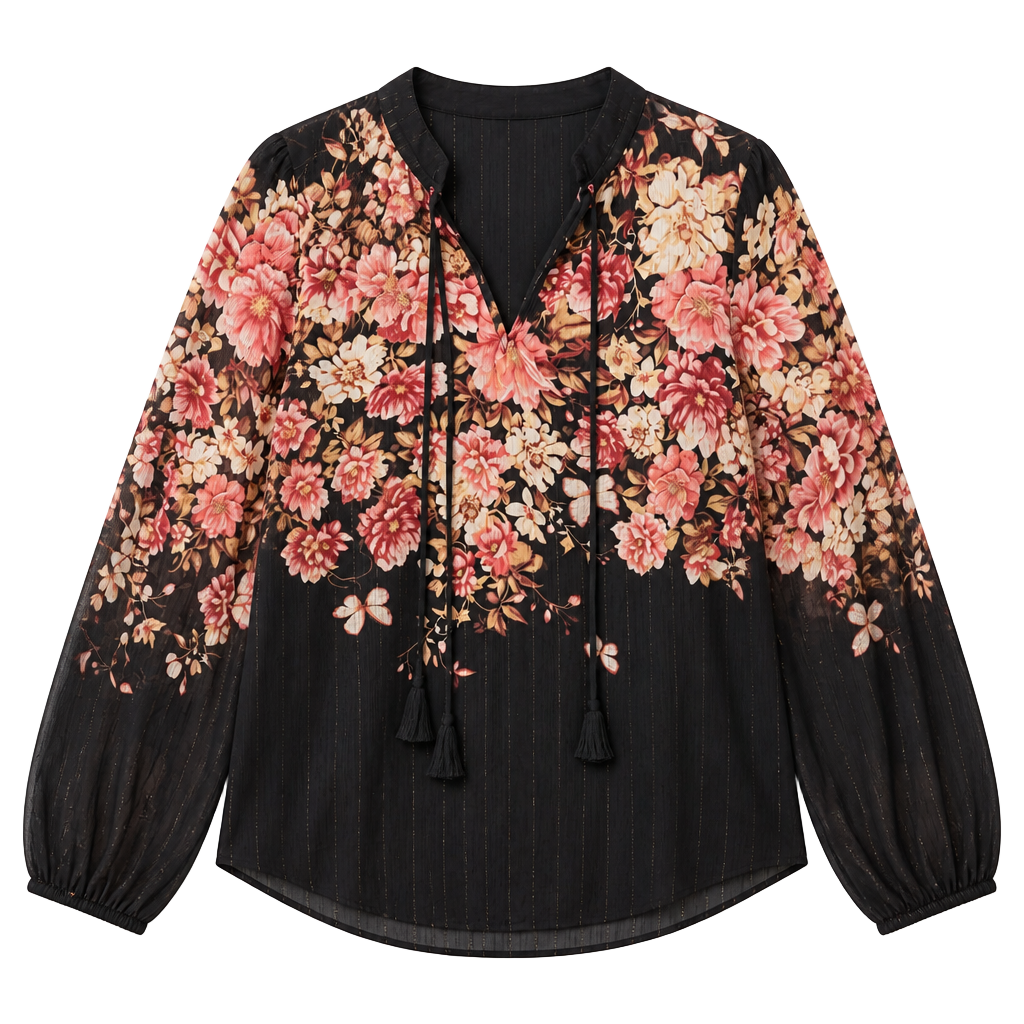 Autres Filles Black Floral Chiffon Tassel Tie Blouse with Metallic Stripes 1