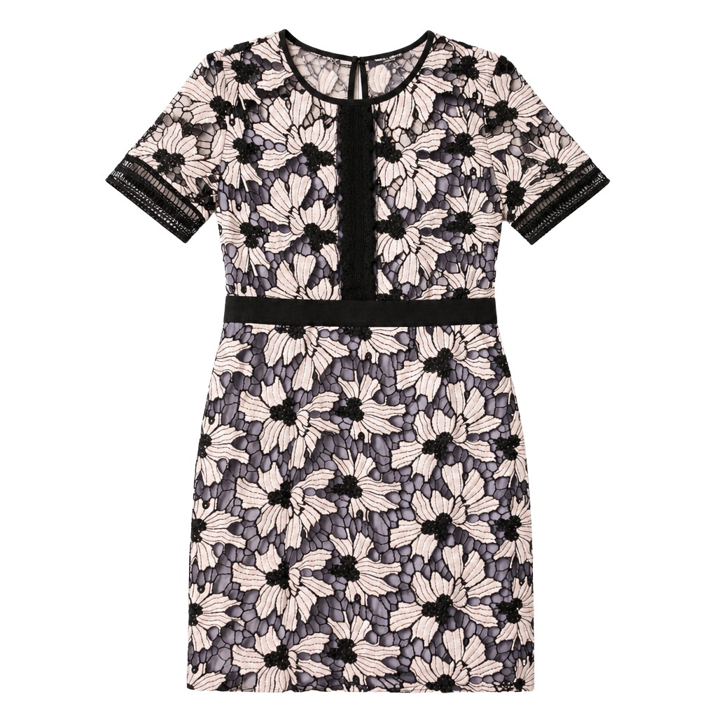 Romeo + Juliet Couture Black & White Floral Guipure Lace Sheath Dress with Blue Lining 1