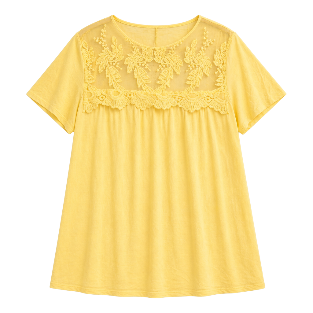 Culture Code Yellow Lace Mesh Yoke Short Sleeve Top 1