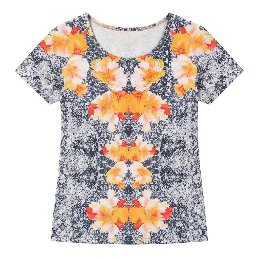 Chico's Floral Snakeskin Rhinestone Embellished Short Sleeve Top Size M 1