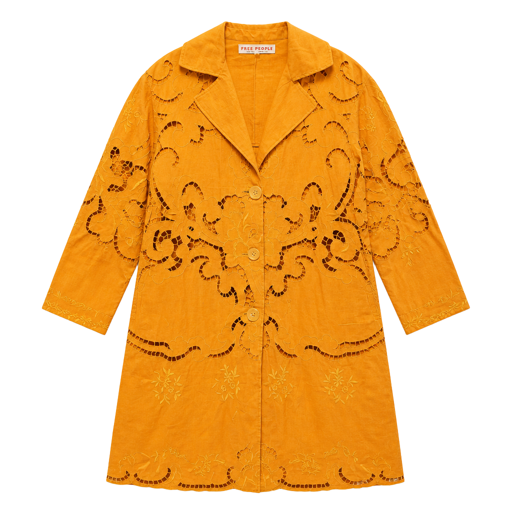 NWT Free People Susanna Eyelet Cotton & Linen Coat Duster Jacket Mustard XS 1
