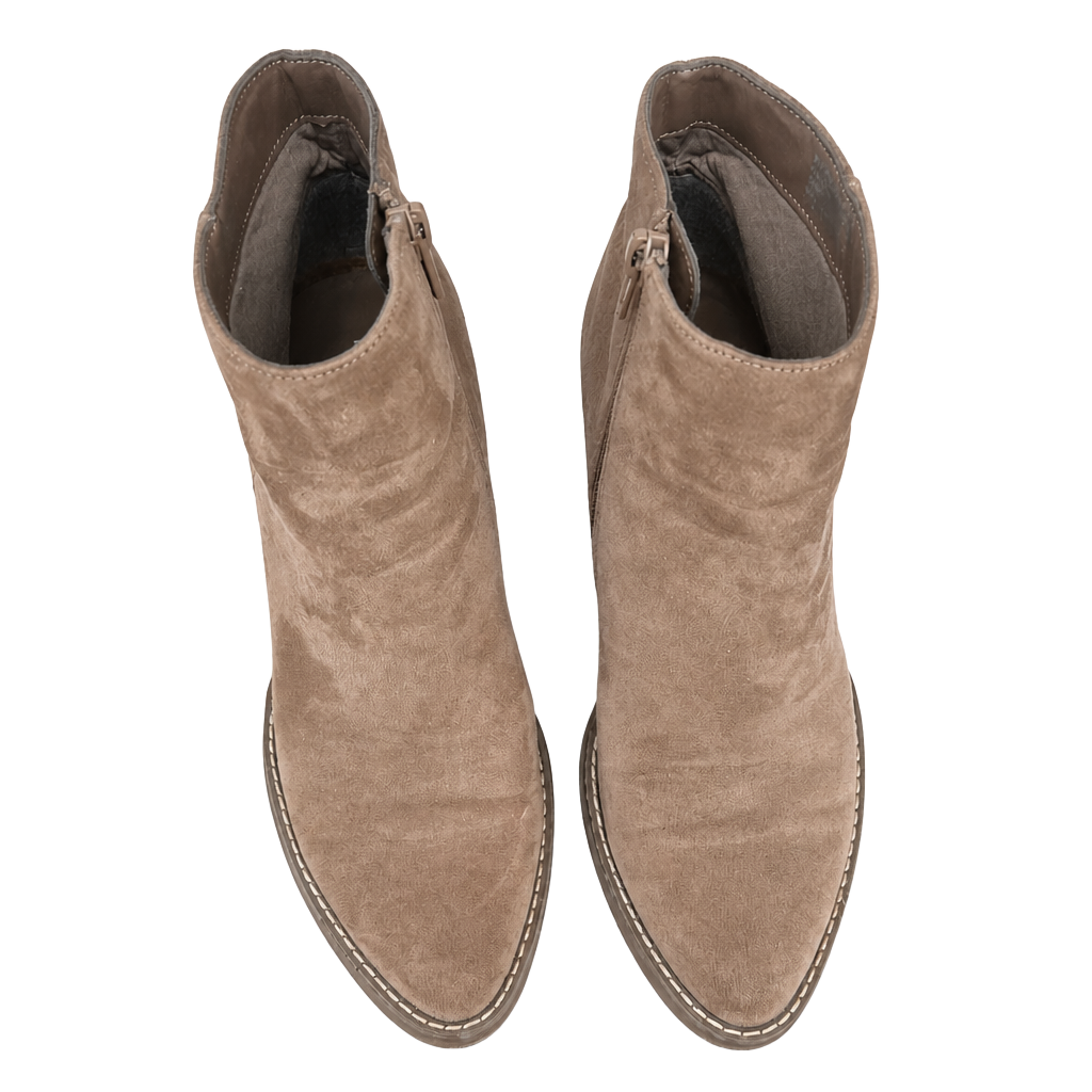 Madden Girl Klicky Pointed Toe Suede Ankle Booties in Taupe 1