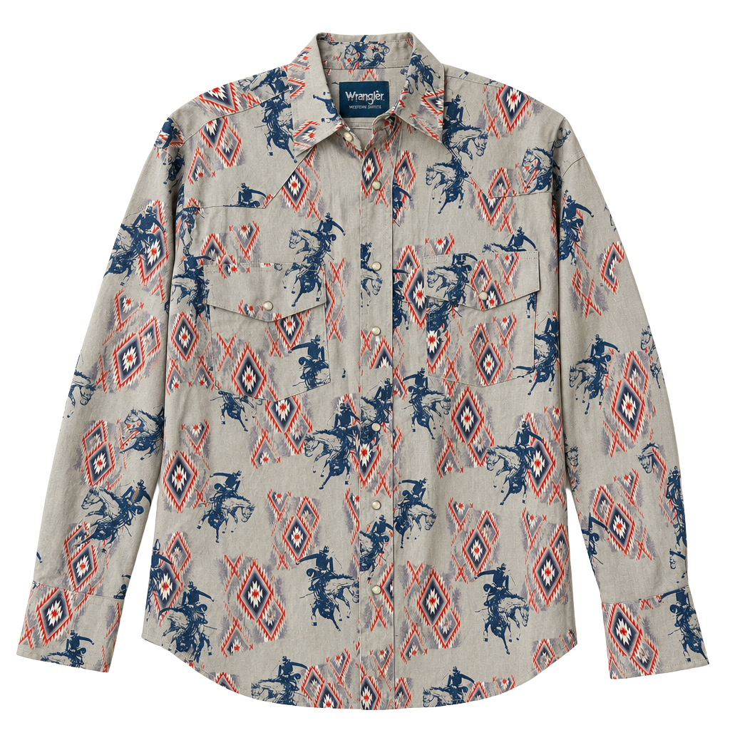 Wrangler Men's Checotah Western Horse Print Aztec Pearl Snap Shirt NWT 1