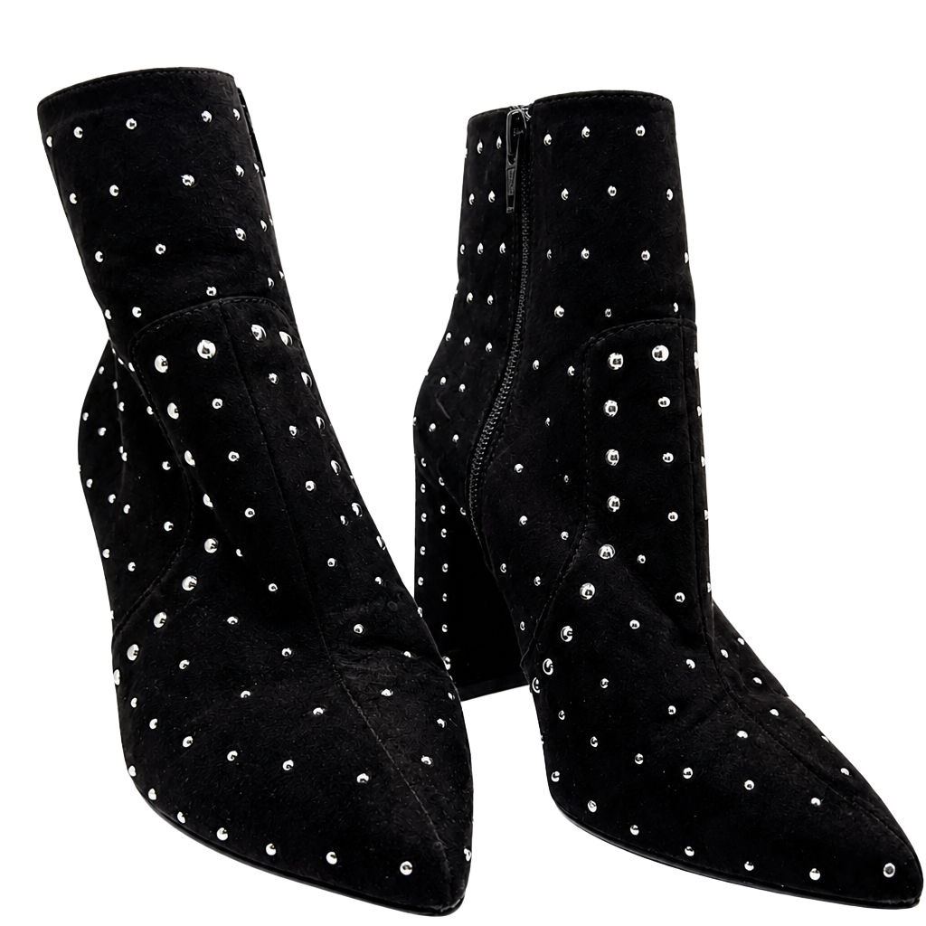 Gianni Bini Black Faux Suede Studded Pointed Toe Block Heel Ankle Boots 1