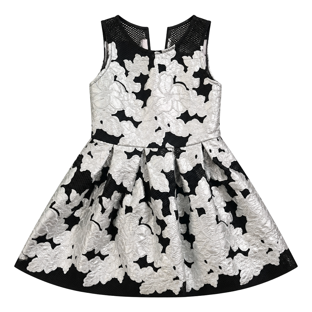 Halabaloo Girls Black and Silver Metallic Floral Jacquard Dress Size 5 1