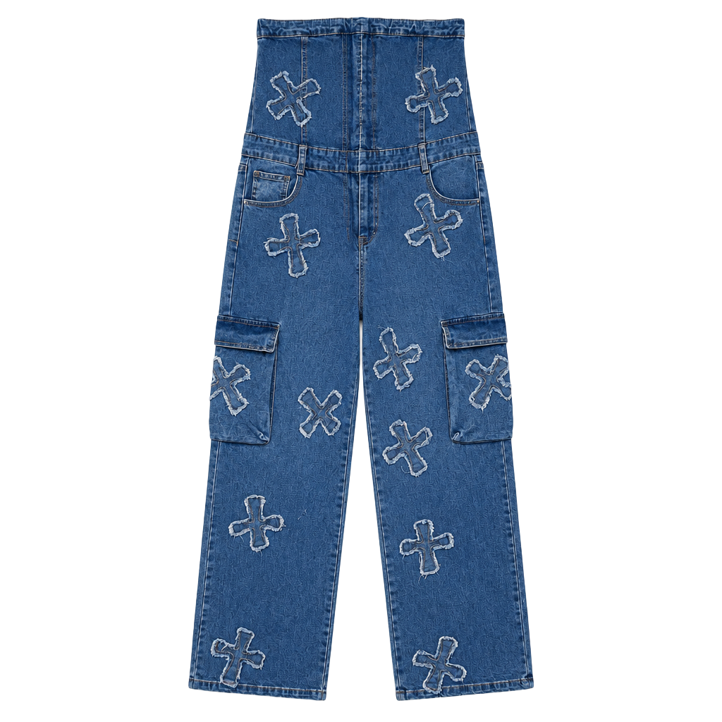 New!!Denim Cross Patch Strapless Jumpsuit Cargo Pants size large 1