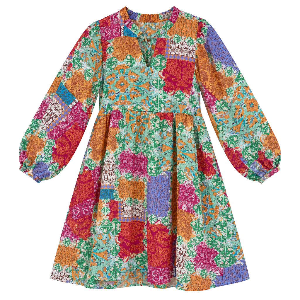 Jodifl Patchwork Print Mini Dress Colorful Boho Long Sleeve large 1