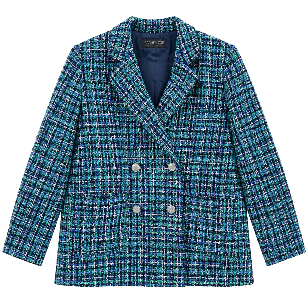 Rachel Zoe Tweed Blazer Jacket Size L Blue Green Double Breasted 1