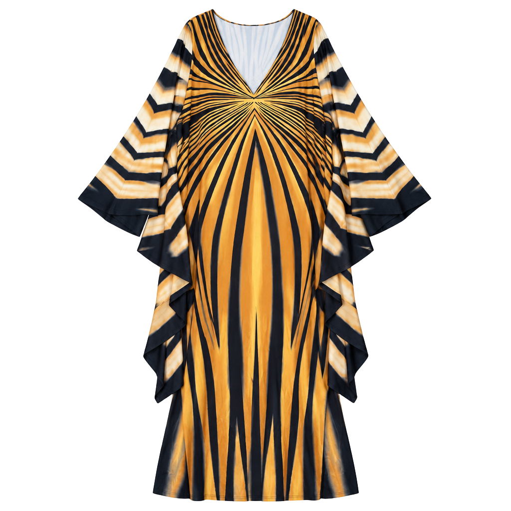 Tiger Stripe Print Maxi Caftan Dress Gold Black V-Neck One Size 1