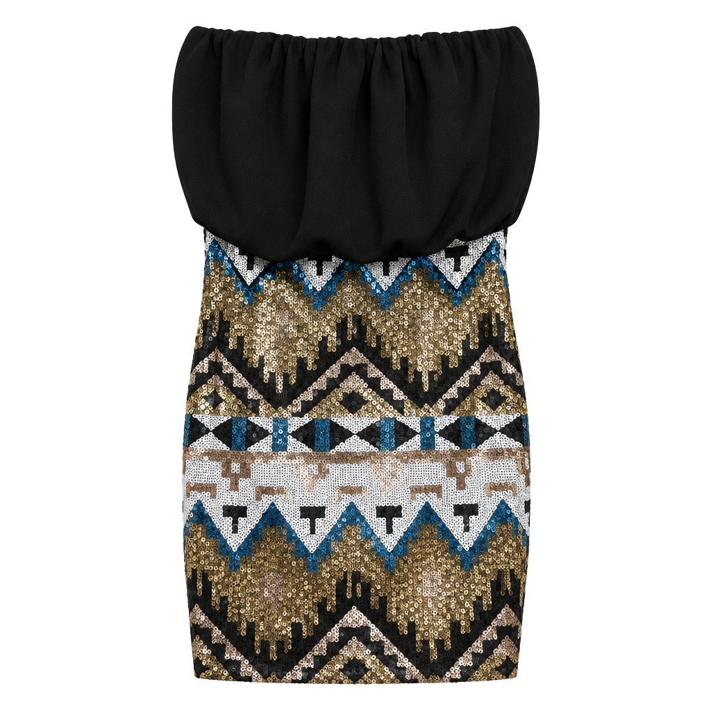 C'est Toi Sequin Dress Size S Black Aztec Print Strapless Mini 1