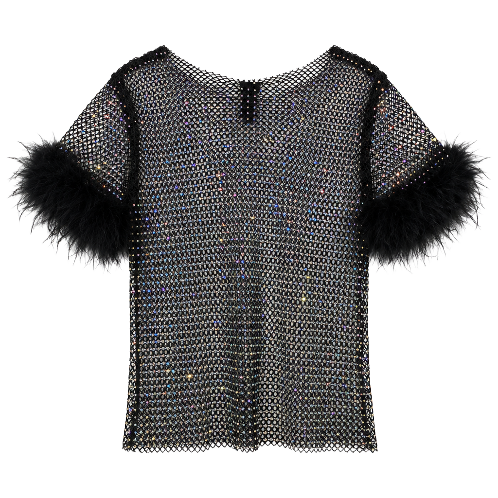 Windsor Rhinestone Mesh Top Size S Black Feather Trim 1