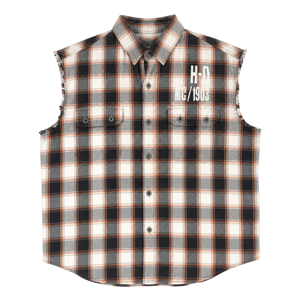 Harley-Davidson Sleeveless Plaid Button-Up Cutoff Shirt Vest Grey Black White 1