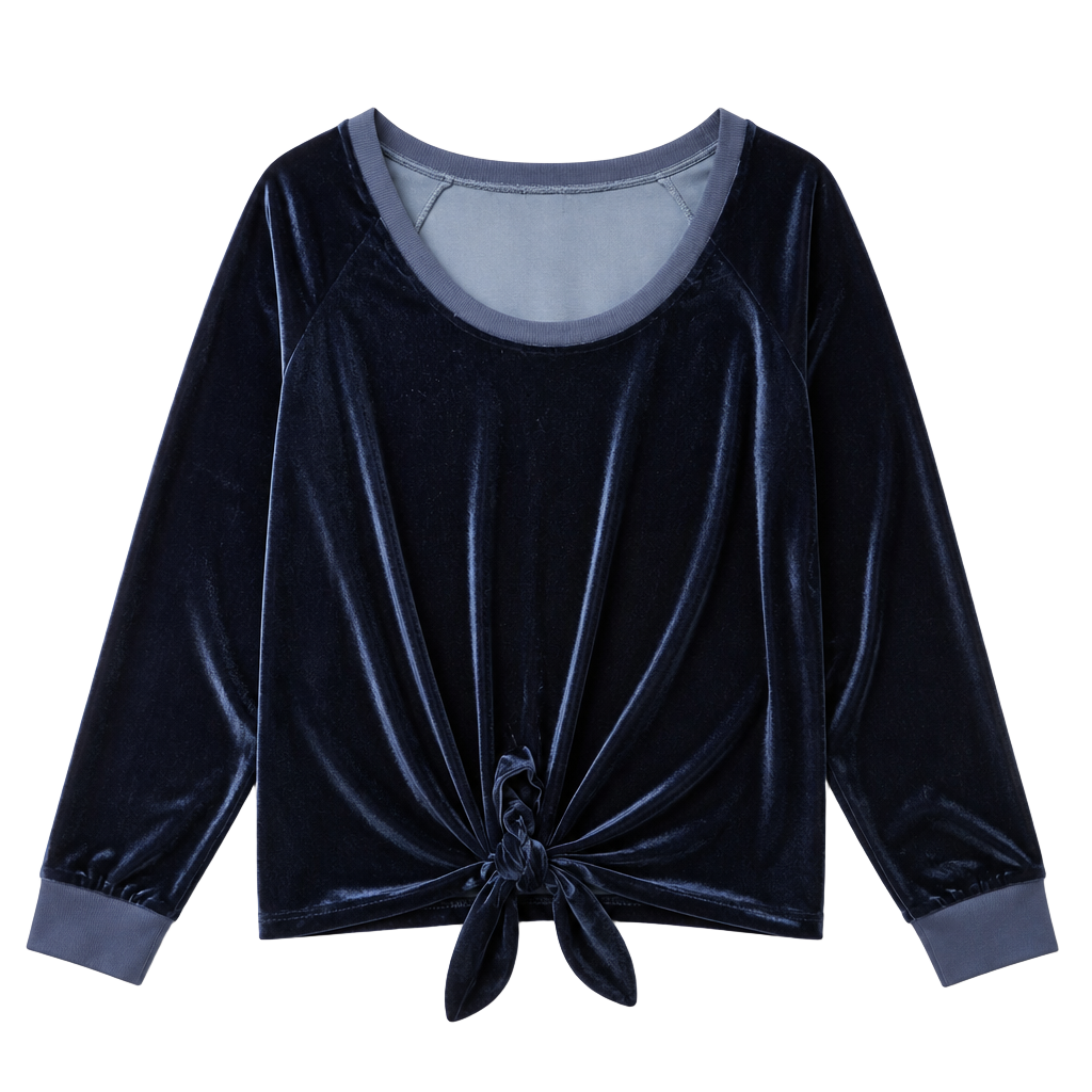 Nude Velvet Long Sleeve Tie Front Pullover Size L Navy Blue 1