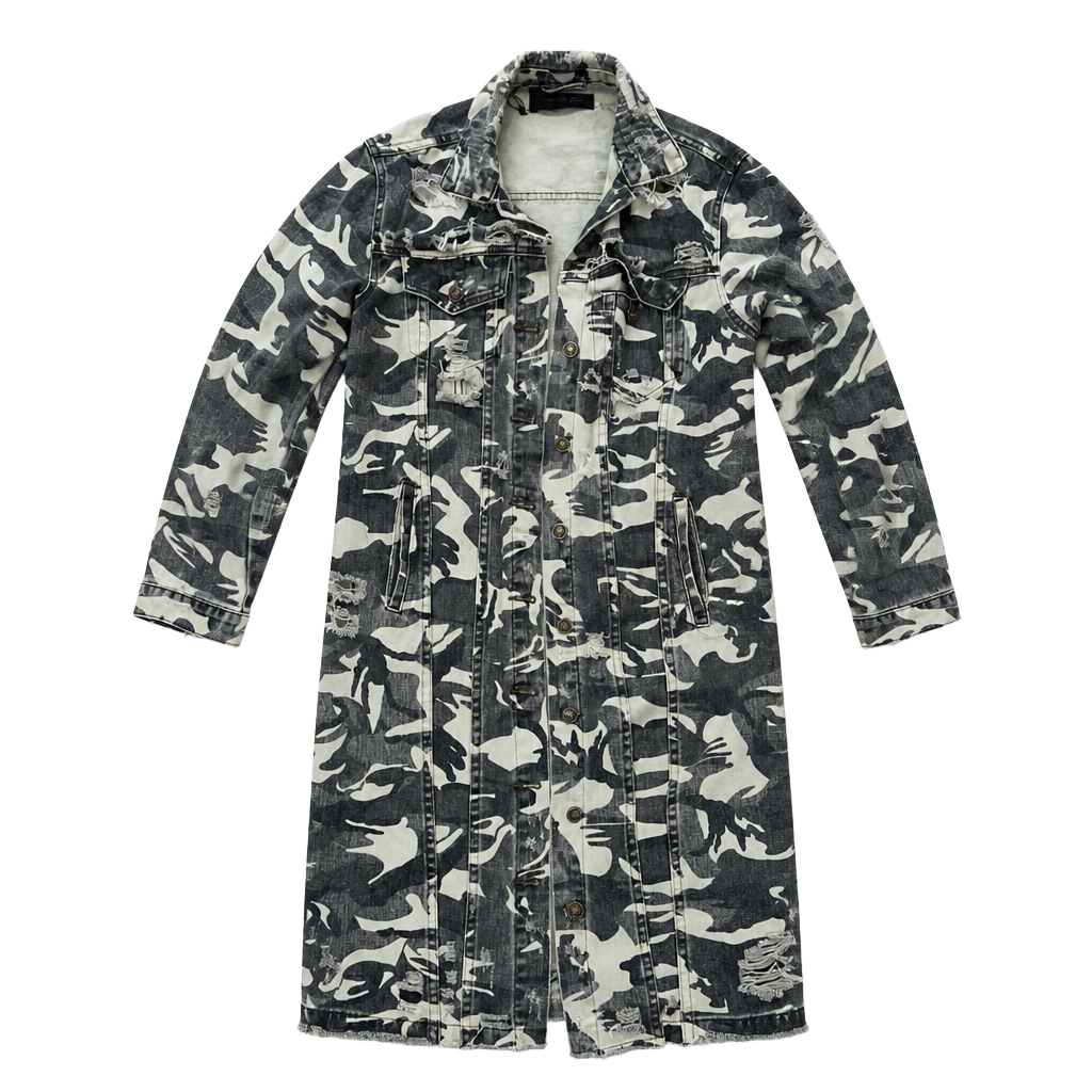 Mustard Seed Women's Distressed Camo Long Denim Jacket Size S 1