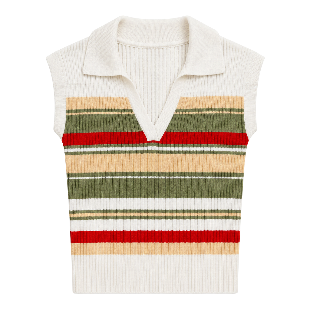 Ivy & Main Ribbed Knit Mini Dress, Retro Multi-Stripe Collar V-Neck, Size S 1