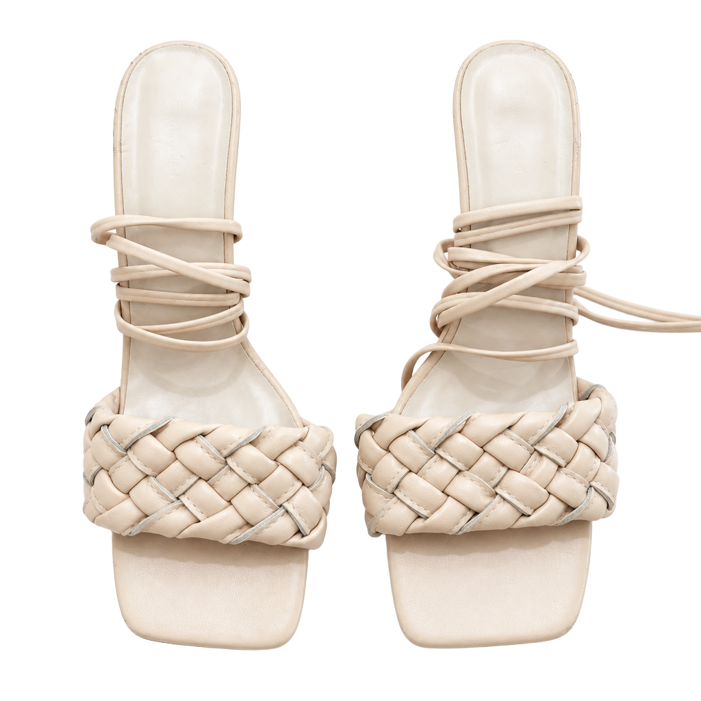 Stelly Braided Wrap Up Square Toe Lace Up Heels - Beige 1
