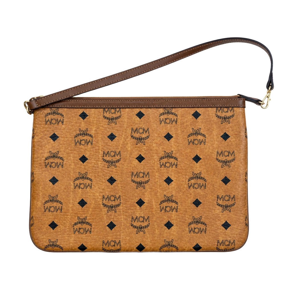 MCM Visetos Monogram Cognac Coated Canvas Pochette Shoulder Bag Pouch 1
