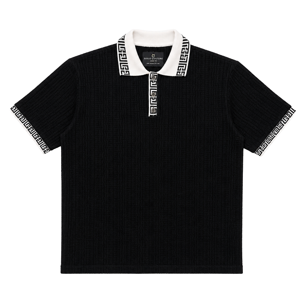 Suslo Couture Black Slim Fit Tech Fabric Polo Shirt with White Greca Collar Size M 1